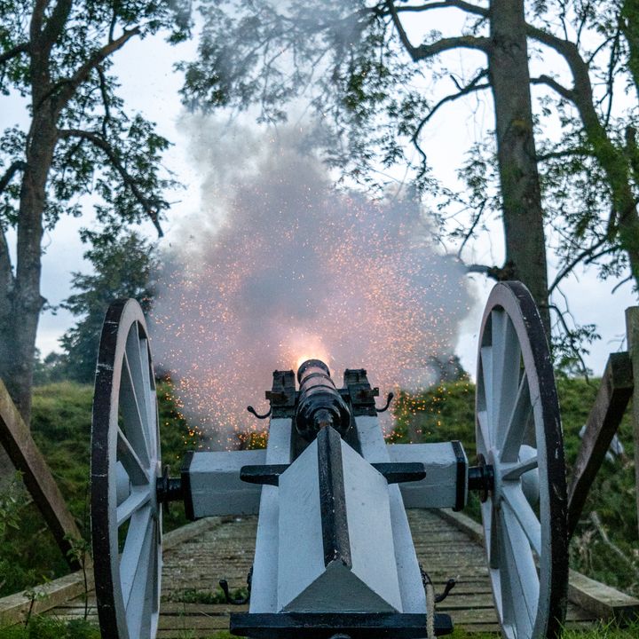 A cannon firing away from the camera between trees
